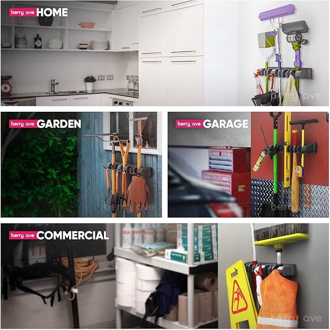 Broom Holder Wall Mount, Mop and Broom Organizer – Wall Mounted Broom Rack & Mop Rack, Rack for Brooms and Mops | Broom Hanger Wall Mount with 5 Slots & 6 Hooks, Kitchen Garage Laundry Garden