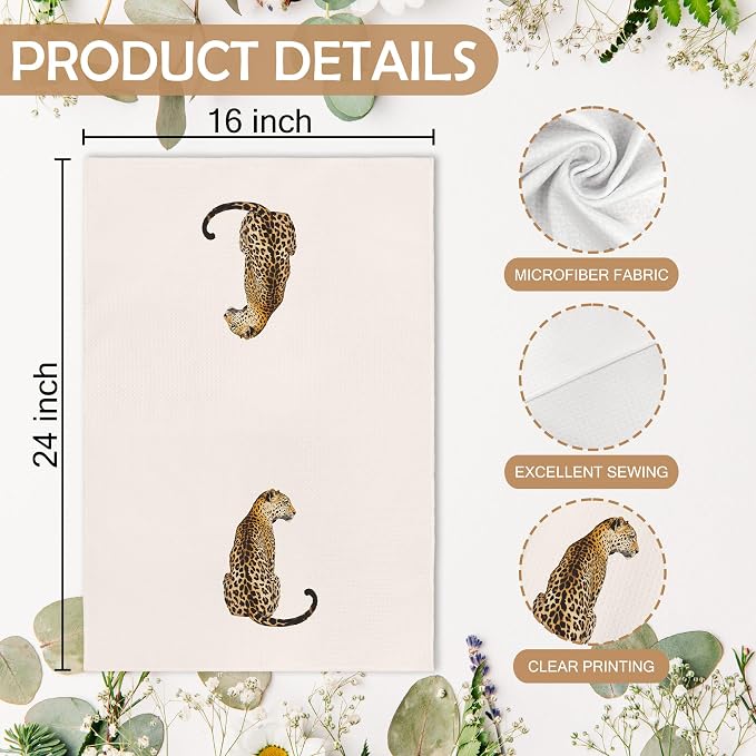 Trendy Leopard Cheetah Print Poker Lucky 8 Ball Bathroom Decor, Preppy Beige Neutral Leopard Decor Dish Hand Towels for Bathroom Kitchen Sets of 2, Cheetah Kitchen Towels and Dishcloths,16x24