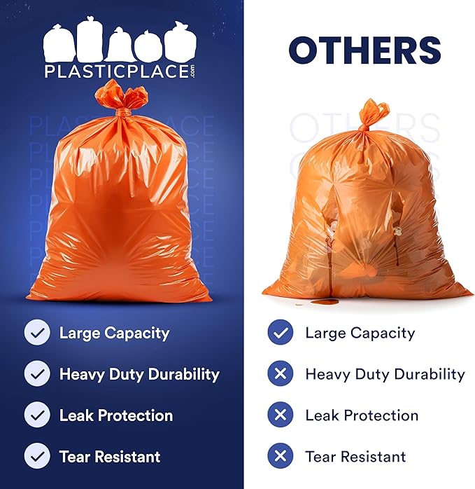 Plasticplace 42 Gallon Trash Bags |3.0 Mil | Orange Heavy Duty Contractor Trash Bags | 33" x 48", 50 Count (Pack of 1)
