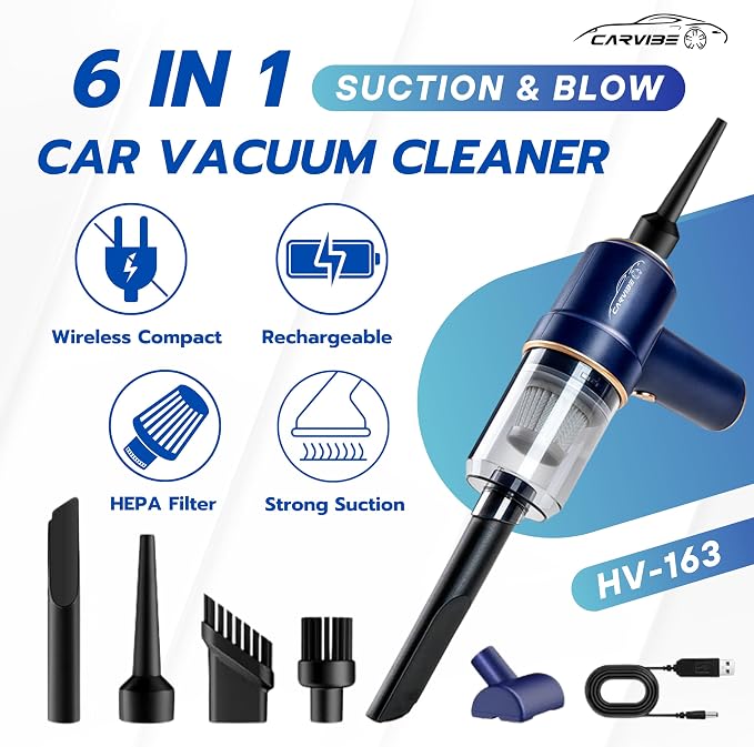 Portable Handheld Cordless Car Vacuum Cleaner, 6 in 1 16000Pa Vacuum Cleaner and Air Duster with LED Lights and Multi-Nozzles, 120W High Power Rechargeable Vacuum for Car, Home, Office, Pet