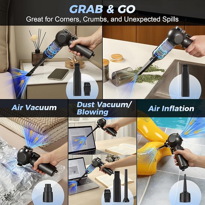 Handheld Car Vacuum Cleaner, 6 in 1 Multi-function Cordless Small Vacuum, 17000PA Adjustable Portable with Brushless Motor for Inflation, Dust Blowing, Suction for Car, Home, Office– All in One