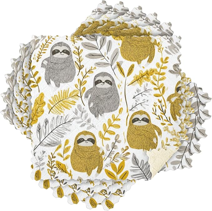 Cartoon Sloths Leaves White Kitchen Towels Dish Cloths Set of 6 Microfiber Cleaning Cloths for Cars Super Absorbent Machine