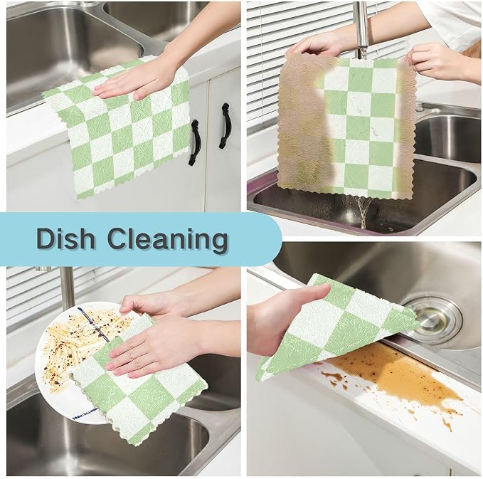 Checkered Mint Green and White Kitchen Towels Dish Cloths Set of 6 Microfiber Cleaning Cloths for Cars Super Absorbent Machine