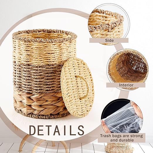 Ctosree 1.3 Gallons Small Trash Can with Lid Handle Boho Woven Braided Bathroom Waste Basket Trash Can with 100 Garbage Bags for Bedroom Office Laundry(Braided Wicker, Primary Color)