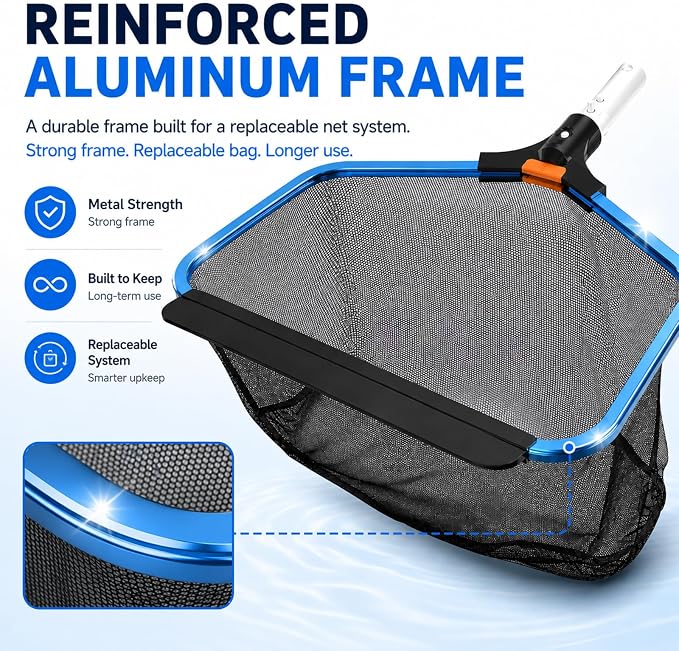 YASHINE Pool Skimmer with 2 Nets, Reinforced Aluminum Frame, Heavy Duty Deep Leaf Rake with Replaceable Net Bag, Deep Trash Bag, Pool Cleaning Net Fits Standard Pool Poles(No Pole)