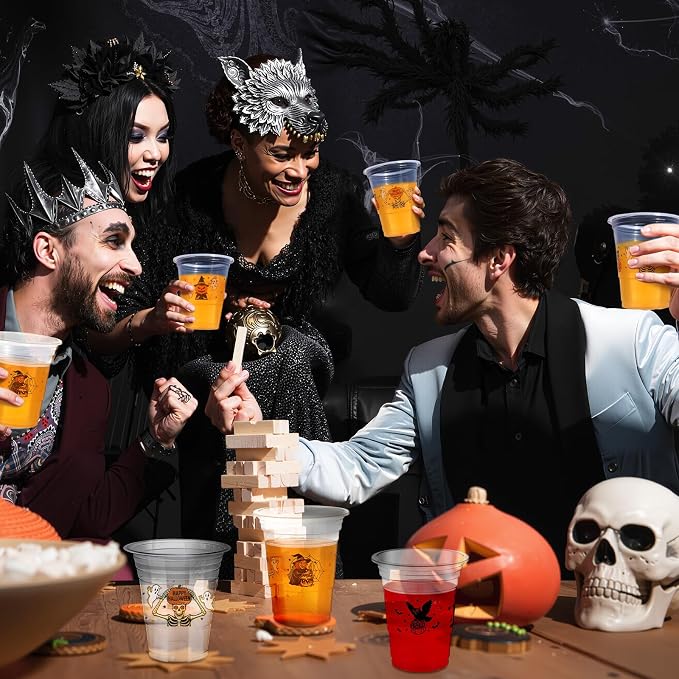 Eaasty 100 Pcs 12 oz Vintage Halloween Disposable Plastic Cups Retro Witch Cat Pumpkin Ghost Owl Skeleton Cups for Beverage Ice Cream Snacks Party Supplies Decoration