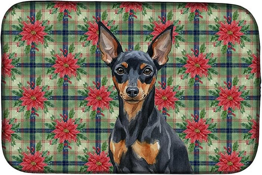 Caroline's Treasures Black and Tan Miniature Pinscher Christmas PoinsettIas Dish Drying Mat Absorbent Dish Drying Mat Pad for Kitchen Counter Dish Drainer Mat for Countertop, 14 x 21", Multicolor