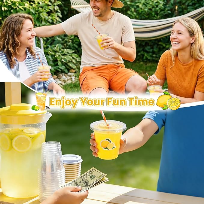 208 Pcs Lemonade Stand Supplies, 50 Lemonade Cups with Lids and Straws, 2 Lemonade Banners, Wooden Blackboard, 50 Lemon Stickers, 3 Pens, Straw Puncher for Summer Lemon Birthday Party Decor