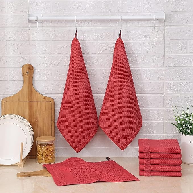 Homaxy 100% Cotton Dish Cloths, 6 Pack - 12 x 12 Inches, Waffle Weave Super Soft and Absorbent Dish Towels Quick Drying Dishcloths, Red