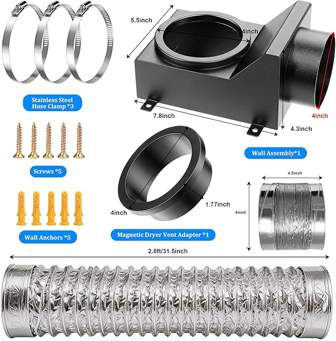 Magnetic Dryer Vent Coupler, 90 Degree Elbow Dryer Vent Connector Kit with Strong Magnetic Self-Connection, Stainless Steel Airtight Seal Dryer Venting Kit Includes 2.6ft 4IN Duct & Clamps