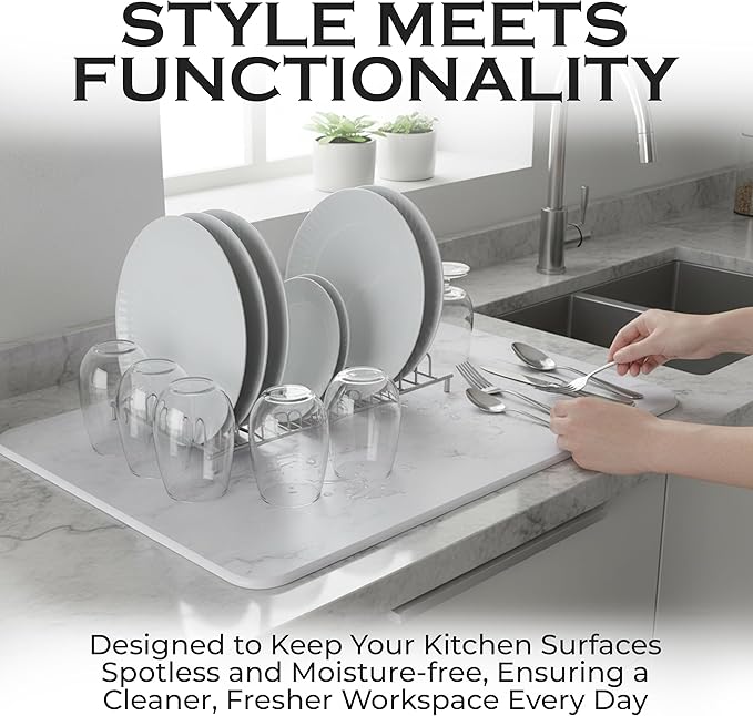 J.B Large Stone Drying Mat for Kitchen Counter - Quick Dry Stone Mat with Sink Caddy, Ultra Absorbent Dish Drying Stone for Kitchen Counter and Bathrooms, 16 x 12 Inch (Light Gray/White Marble Finish)