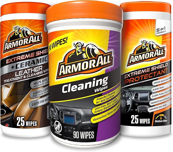 Armor All Car Interior and Exterior Cleaning Wipes, 90 Count + Armor All Leather Cleaner Wipes for Car Interior and Ceramic Leather and Extreme Protectant Wipes, 50 Count Total
