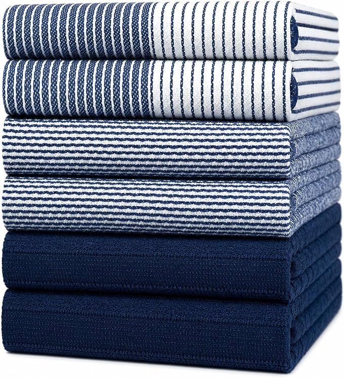 Premium Kitchen Towels (20”x 28”, 6 Pack) | Large Cotton Dish Towels | Flat & Terry Highly Absorbent Kitchen Linen Set with Hanging Loop | Navy Blue