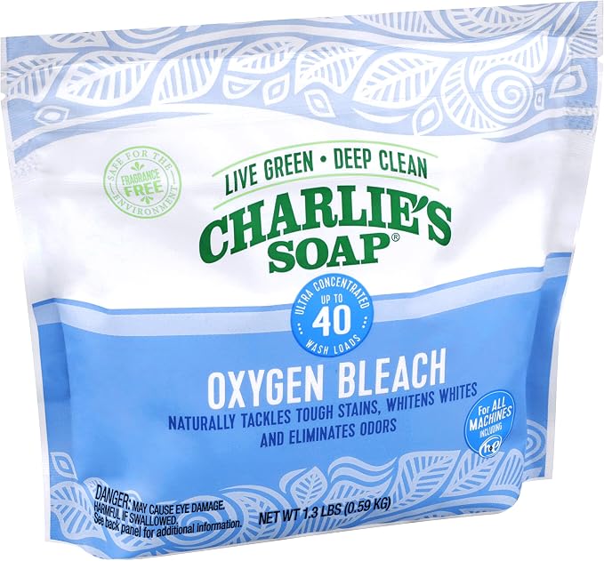 Charlie's Soap Oxygen Powered Bleach Powder, Color Safe For Clothes, Safe Bleach for White Clothes, An Unscented Fragrance Free Non Chlorine 1.3 lbs (2 Pack)