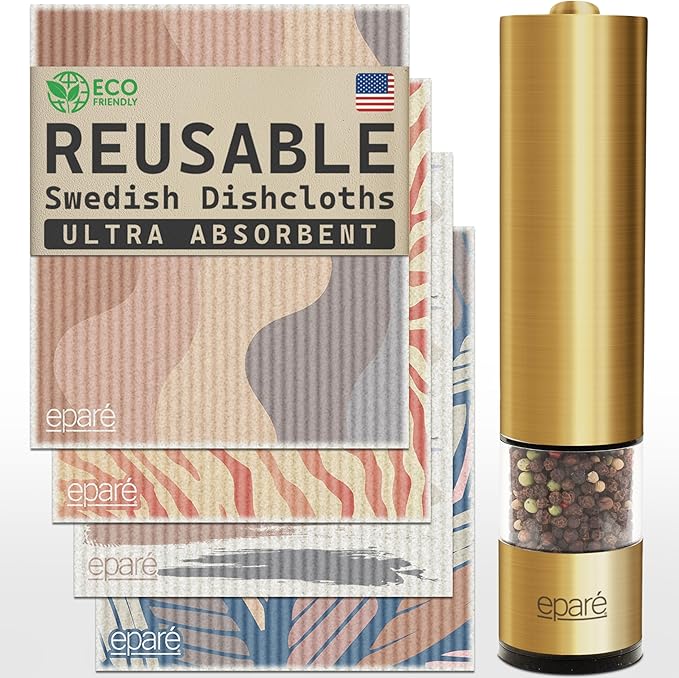 Eparé Bundle: Electric Salt or Pepper Grinder (Copper) & Reusable Swedish Kitchen Dishcloth - Battery Operated Ceramic Burr Peppermill & Stylish & Washable Cellulose Paper Towel & Sponges Alternative