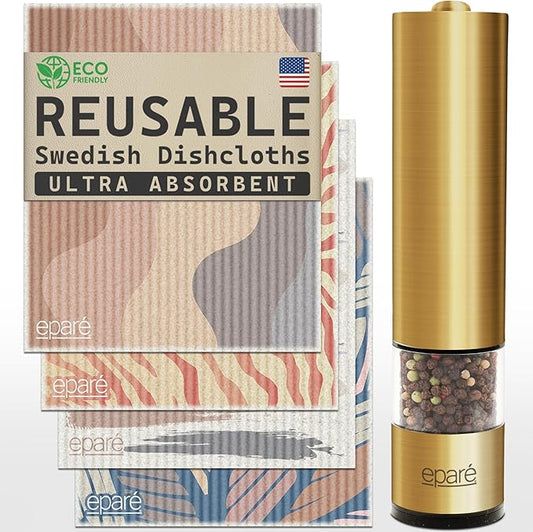 Eparé Bundle: Electric Salt or Pepper Grinder (Copper) & Reusable Swedish Kitchen Dishcloth - Battery Operated Ceramic Burr Peppermill & Stylish & Washable Cellulose Paper Towel & Sponges Alternative