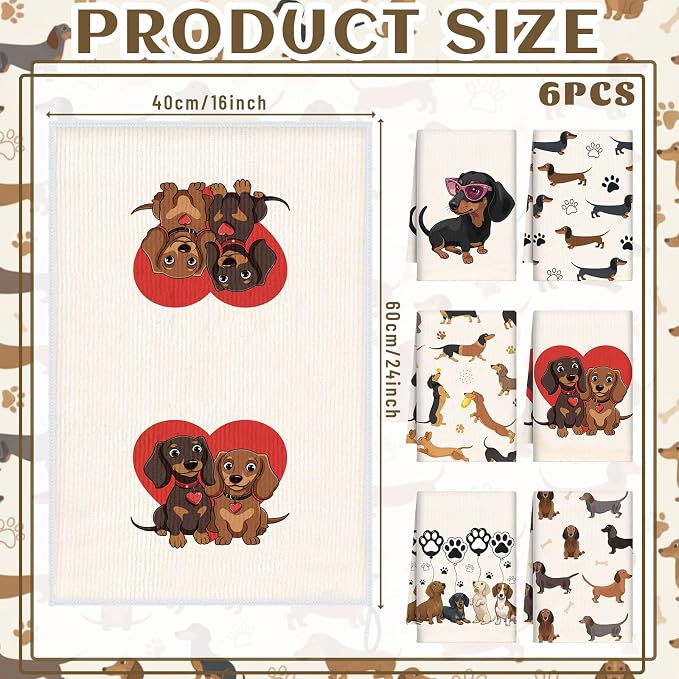 Hahafelt 6 Pack Dachshund Kitchen Towels 24x14 Inch Dachshund Gifts for Women Mom Funny Weiner Dog Kitchen Bathroom Decor Puppy Absorbent Tea Hand Dish Towels Decorative for Women Mother's Day