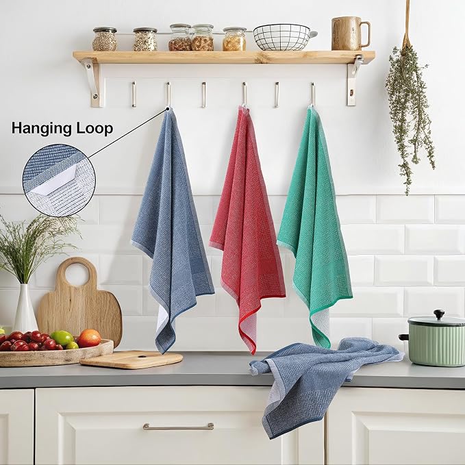 Mordimy Premium Kitchen Towels 6 Pack (18 x 28 Inches, Navy Blue/Red/Green), Large Cotton Flat & Terry Kitchen Hand Towel, Super Absorbent Tea Dishtowels Set with Hanging Loop