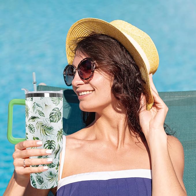 Ceovfoi 40 oz Green Insulated Stainless Tumbler - Tropical Plant Travel Coffee Cup, Water Bottle, Gardeners Gift