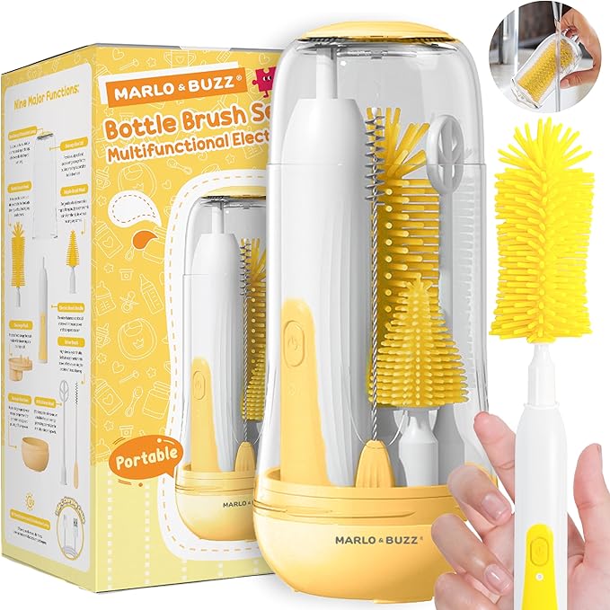Marlo & Buzz Electric Baby Bottle Brush Cleaner Set, Rechargeable Waterproof Silicone Brushes with Large Bottle Brush, Nipple Brush, Straw Brush, Milk Stirrer, Drying Rack (Yellow)