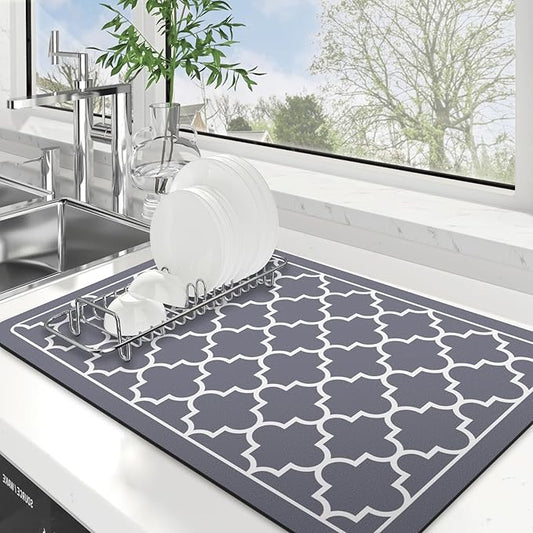 WISELIFE Dish Drying Mat Super Absorbent Drying Mat Large Dish Drying Mats for Kitchen Counter Easy Clean Dish Mat Kitchen Drying Mat16"x 24" Stylish Grey