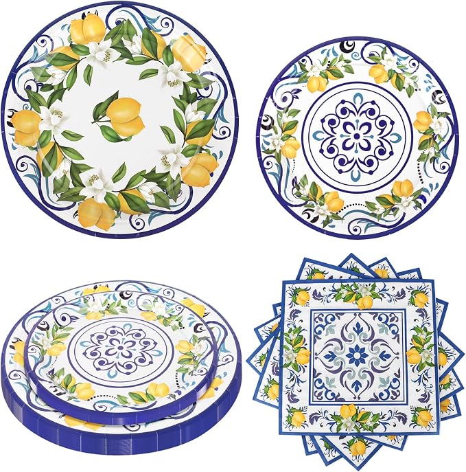 108 Pcs Lemon Party Plates and Napkins Blue Tiles Mediterranean Party Decor Disposable Tableware Sets Baby Shower Birthday Decorations Supplies Favors for 36 Guests