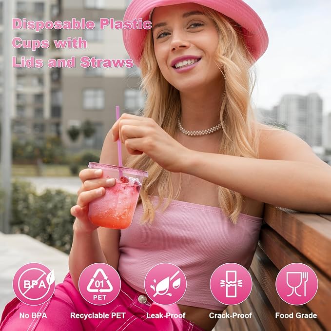 KesaPlan 50 Pack 12 oz Pink Plastic Party Cups with Lids and Straws, Disposable Iced Coffee Cup with Lids, Round Bottom Drinking Cups for Birthday Wedding Valentine's Galentine's Bachelorette Party