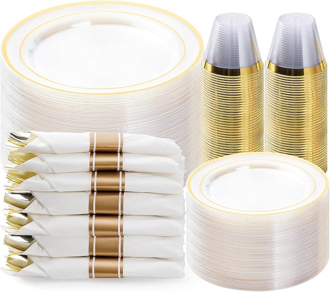 BESTVIP 350PCS Clear Gold Plastic Dinnerware Set for 50 Guests, Disposable Party Plate for Christmas and New Year,Halloween, Include: 100 Plastic Plates, 50 Pre Rolled Napkins with Silverware, 50 Cups