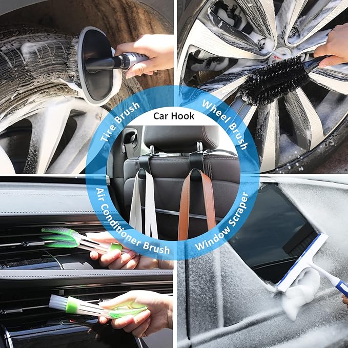 35Pcs Car Wash Detailing Kit Cleaning Kits with Foam Gun Sprayer Collapsible Bucket Brush Large Wash Mitt Towels Complete Interior Exterior Car Washing Supply Set Blue