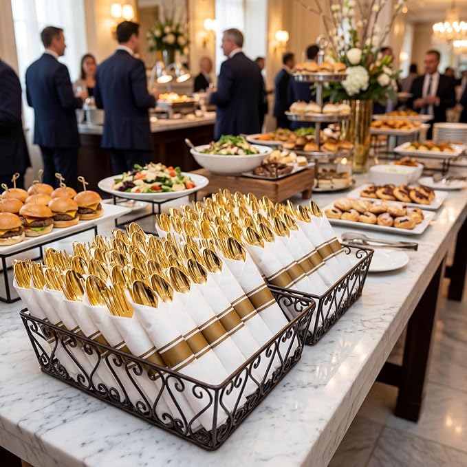 Liacere 400PCS Gold Plastic Silverware - Pre Rolled Napkins Disposable Gold Plastic Cutlery-Premium Quality Utensils-Includes 100Forks,100Knives,100Spoons,100 Napkins & Birthday Party &Events