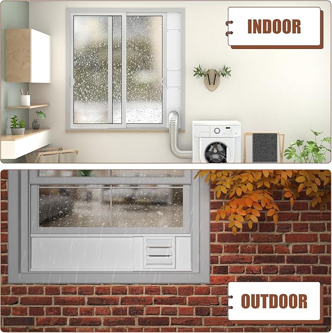 BJADE'S Dryer Vent Window Kit for 4" Dryer Vent Hose with Outdoor Dryer Vent Cover,Window Seal Plates Kit for Sliding and Hung Windows.Adjustable Length Panels Up to 63 Inches.