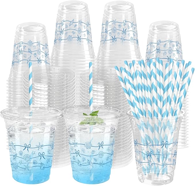 50 Sets Ocean Plastic Cups with Lids Straws 12 oz Blue Starfish Seashell Bow Disposable Cups Clear Under The Sea Drinking Cold Beverage Cup for Summer Beach Party Supplies