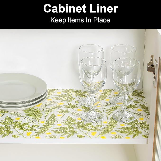 Cooyes Drawer Liner Shelf Liners for Kitchen Cabinets Botanical Refrigerator Liners Waterproof Kitchen Cupboard Liner Drawer Mats EVA Material Non Adhesive Fridge Liner for Shelves（17.5" W x 78.7" L）