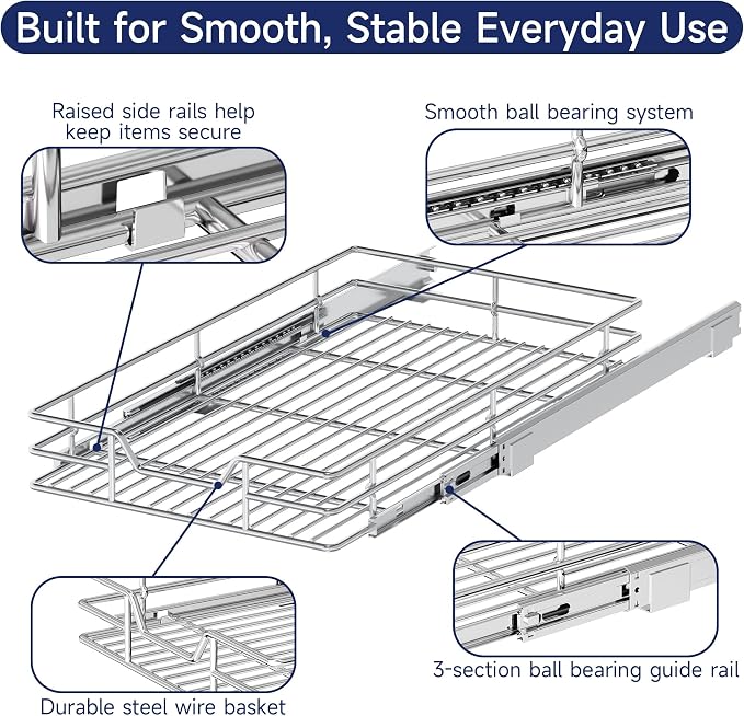 Pull Out Cabinet Organizer, 19.5" W x 21.5" D, Heavy Duty Chrome Slide Out Shelf for Base Cabinets, Sliding Wire Basket Drawer for Pantry Items, Bowls, Containers & Cleaning Supplies