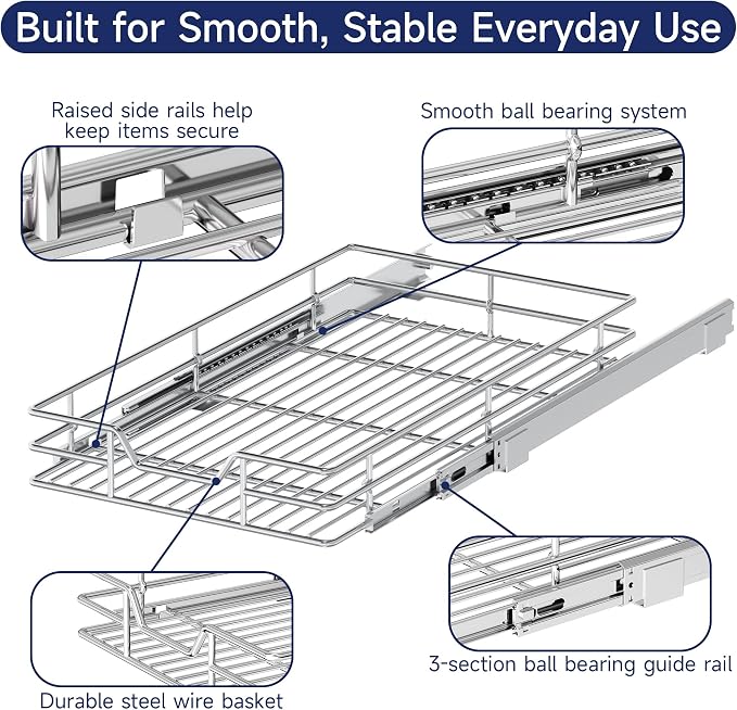 Pull Out Cabinet Organizer, 12.5" W x 21.5" D, Heavy Duty Chrome Slide Out Shelf for Narrow Base Cabinets, Sliding Wire Basket Drawer for Spices, Bottles, Snacks & Cleaning Supplies