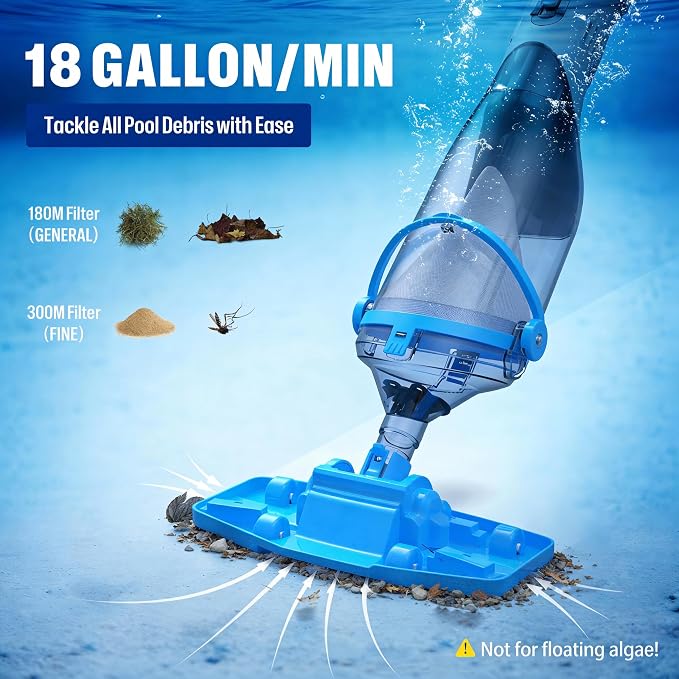 GarveeLife Pool Vacuum for Above Ground Pool, Upgraded 13.4" Wide Head & Telescopic Pole, 18.5 GPM Powerful Suction, 60 Mins Runtime, Cordless Handheld Rechargeable Pool Cleaner for Inground Pools