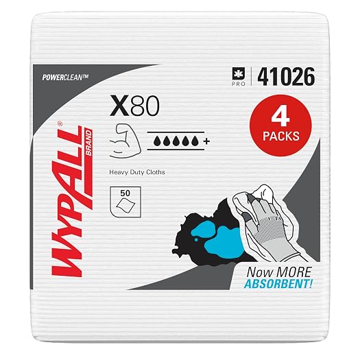 WypAll PowerClean X80 Cloths Heavy Duty Wipes (41026), Quarterfold, Extended Use Towels, White (4 Packs of 50 Sheets, 200 Sheet Total)