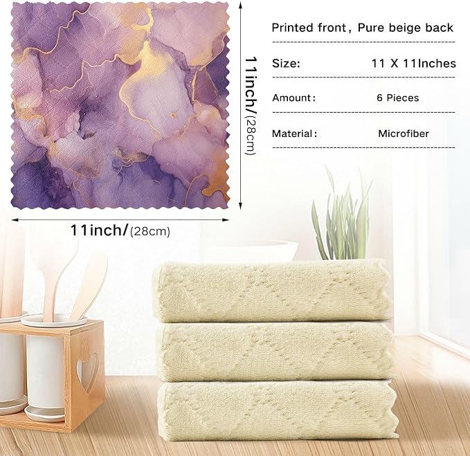senya Kitchen Dishcloths, Marble Purple Gold Cloth Dish Towels 6 Pack Super Absorbent Dishtowels Reusable Cleaning Cloths