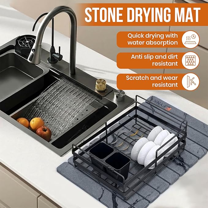 Stone Drying Mat for Kitchen Counter - Large Slats Dark Gray Foldable Diatomaceous Earth Dish Drying Mat | oldable and Super Absorbent Dish Drying Stone Mat (10 Slats - Large)