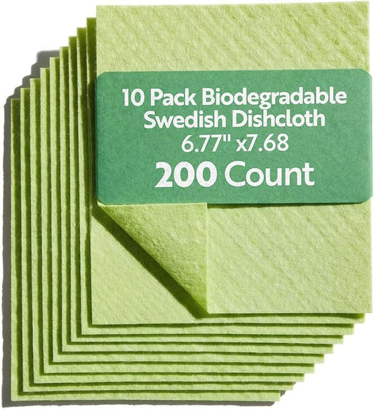 Restaurantware Swedish Dishcloths Pack of 200 Cellulose Reusable Absorbent Green Kitchen Towels, Washable Quick-Dry Dish Towels, Sustainable Cleaning Cloths Super-Absorbent Biodegradable Odorless