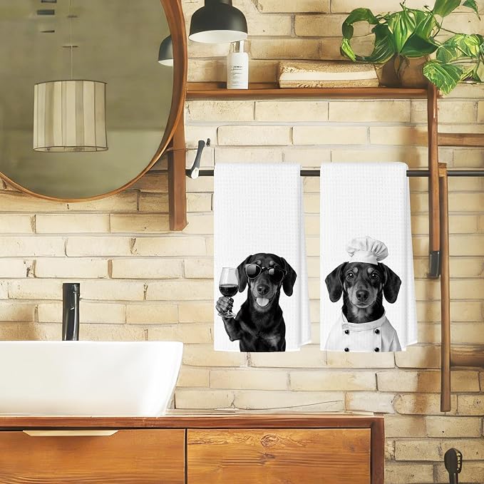 Funny Dachshund Kitchen Towels Set of 2, Dog Kitchen Bar Accessories, Dog Chef Gifts for Women Decorative Hand Towels for Kitchen Decor, Dachshund Lovers Dish Tea Towel, 16x24 Inch