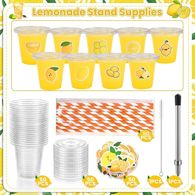 208 Pcs Lemonade Stand Supplies, 50 Lemonade Cups with Lids and Straws, 2 Lemonade Banners, Wooden Blackboard, 50 Lemon Stickers, 3 Pens, Straw Puncher for Summer Lemon Birthday Party Decor
