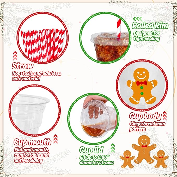 Whaline 50 Pcs Christmas Disposable Plastic Cups with Lids and Straws 12 oz Party Cups Gingerbread Man Cold Beverage Drinking Cups for Xmas Holiday Party Supplies