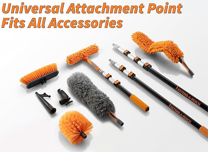 20 Foot High Reach Duster Kit with 4-12 ft Extension Pole // High Ceiling Dusting and Window Cleaning Kit with Telescopic Pole // Baseboard and Wall Washer Mop, Squeegee, Fan Blade & Cobweb Dusters