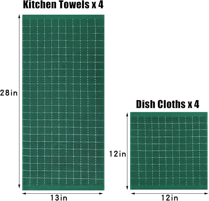 Homaxy Kitchen Towels and Dishcloths Set, 12 x 12 and 13 x 28 Inches, Set of 8 Bulk Cotton Terry Kitchen Towels Set, Checkered Designed, Soft and Super Absorbent Dish Towels, Dark Green