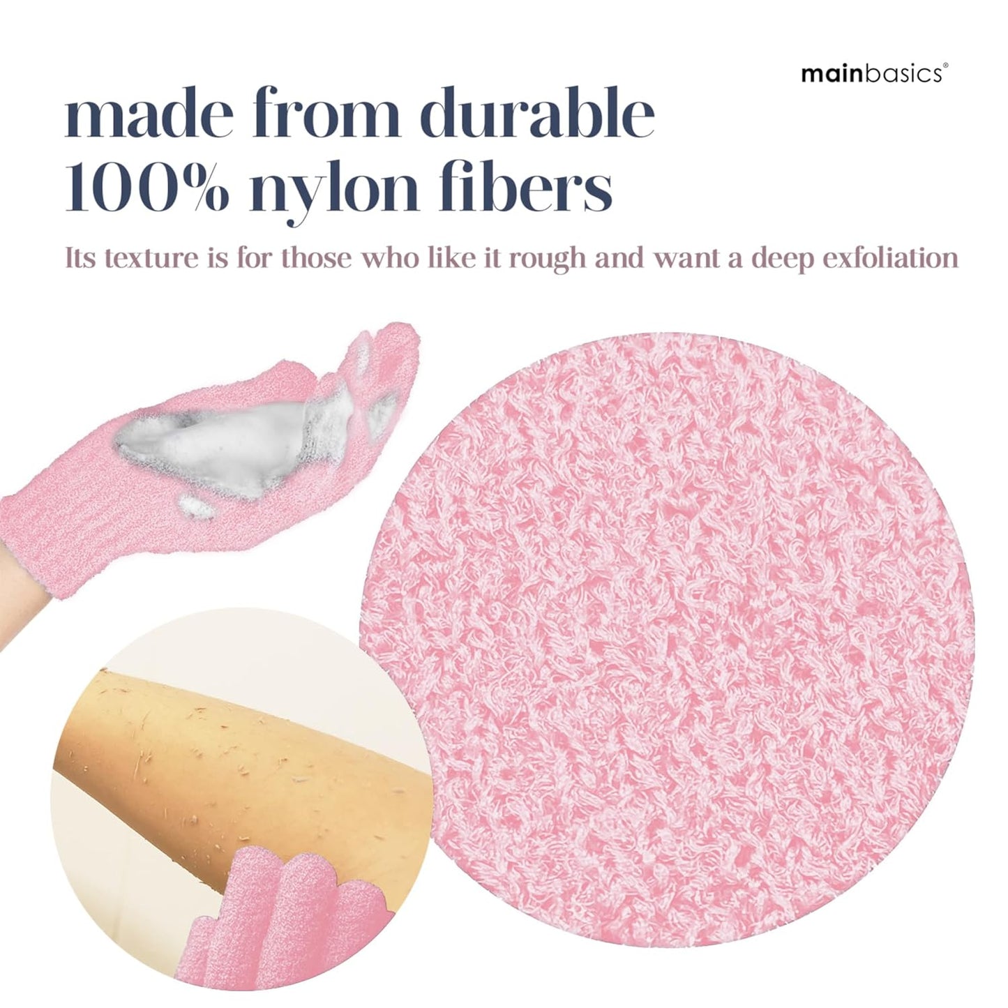 MainBasics Deep Cleansing Exfoliating Bath Gloves - Heavy-Textured Nylon Shower Scrub for Dead Skin Removal - Machine Washable with Hanging Loop (1 Pair, Soft Pink)
