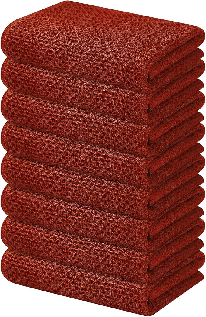 Kitinjoy 100% Cotton Waffle Weave Kitchen Hand Towels (13 X 28 Inches, Rust), 8-Pack Super Soft and Absorbent Dish Towel for Drying Dishes