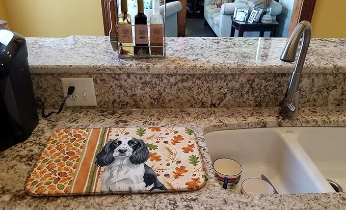 Caroline's Treasures Black and White English Springer Spaniel Heirloom Fall Dish Drying Mat Absorbent Dish Drying Mat Pad for Kitchen Counter Dish Drainer Mat for Countertop, 14 x 21", Multicolor