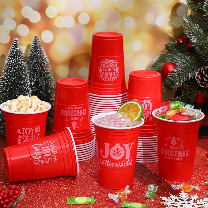 Zhehao 50 Pcs Christmas Cups 16 oz Christmas Plastic Disposable Party Bulk Red Joy Merry Xmas Cups for Drinking Party Supplies Decoration Beverage Coffee Snacks Beer, 5 Styles