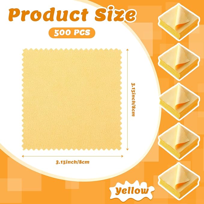 Hoteam 500 Pcs Jewelry Cleaning Cloth Silver Polishing Cleaner Cloth Jewelry Wipes for Silver Gold Platinum Remover Keep Brass Coin Ring Silverware Watch Clean and Shiny (Yellow Color)